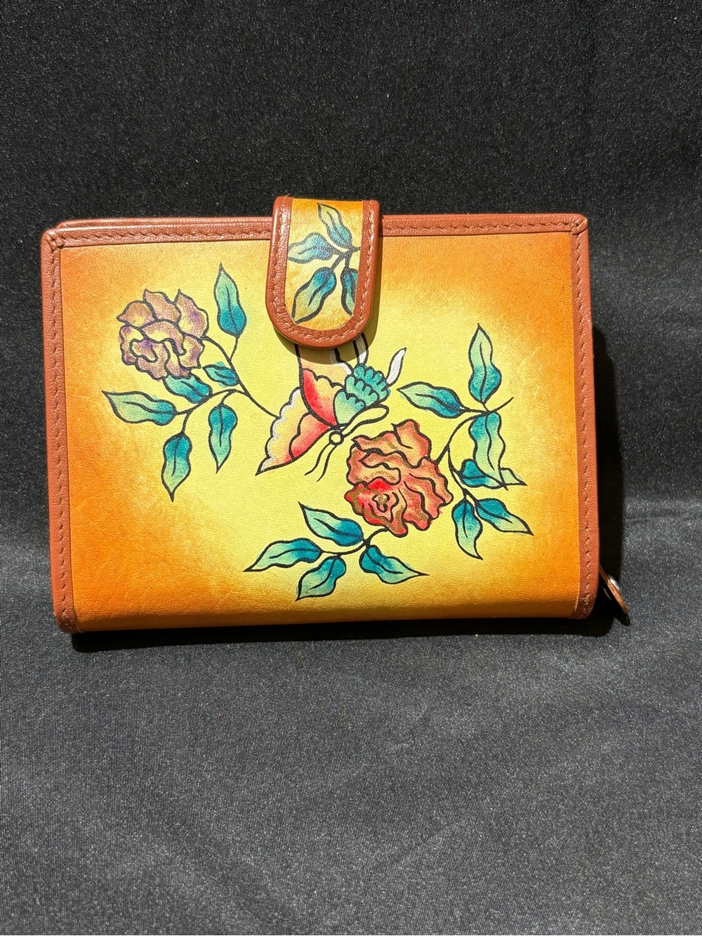 Women's Yellow Floral Leather Wallet - Butterfly Design